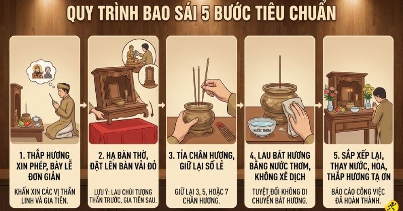 Quy trình các bước bao sái bàn thờ đúng cách tránh phạm kỵ
